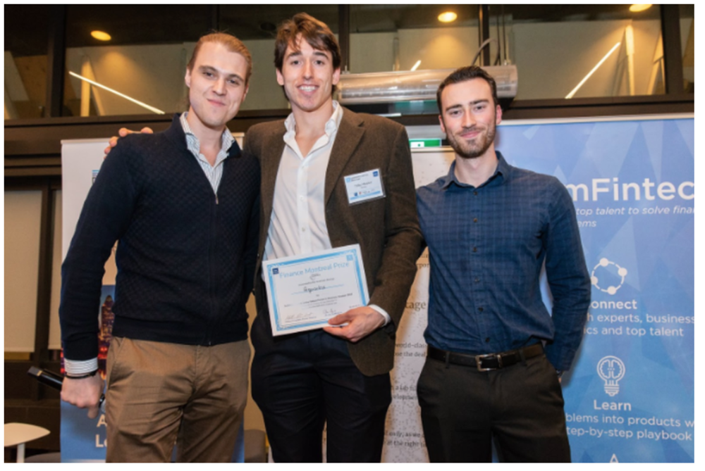 Mathieu Lambert, Digital Marketing Lead and Fintech Consultant at Finance Montreal (left) presenting his award to co-founders of Aquantix, Toby Messier (centre) and Steven Fortier (right)