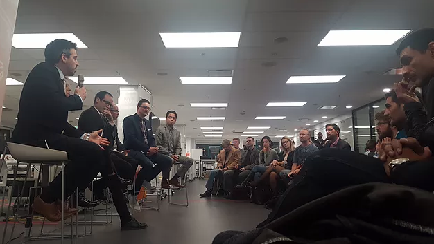Stakeholders discuss the future of blockchain during a RDV FinFusion event at District 3 (December 8th): From Left to Right: Jonathan Hamel, Jillian Friedman, Francis Pouliot, John Shannon, Jeremy Clark, Gabriel Ngo